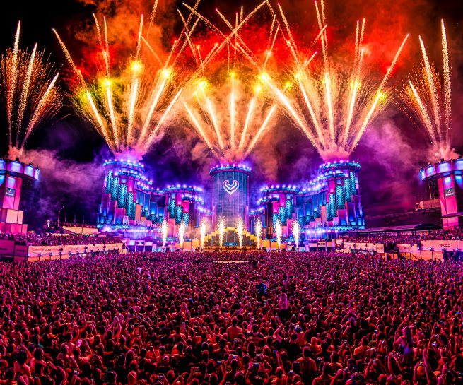 Golden firework fans over the blue-lit mainstage at Electric Love Festival 2026
