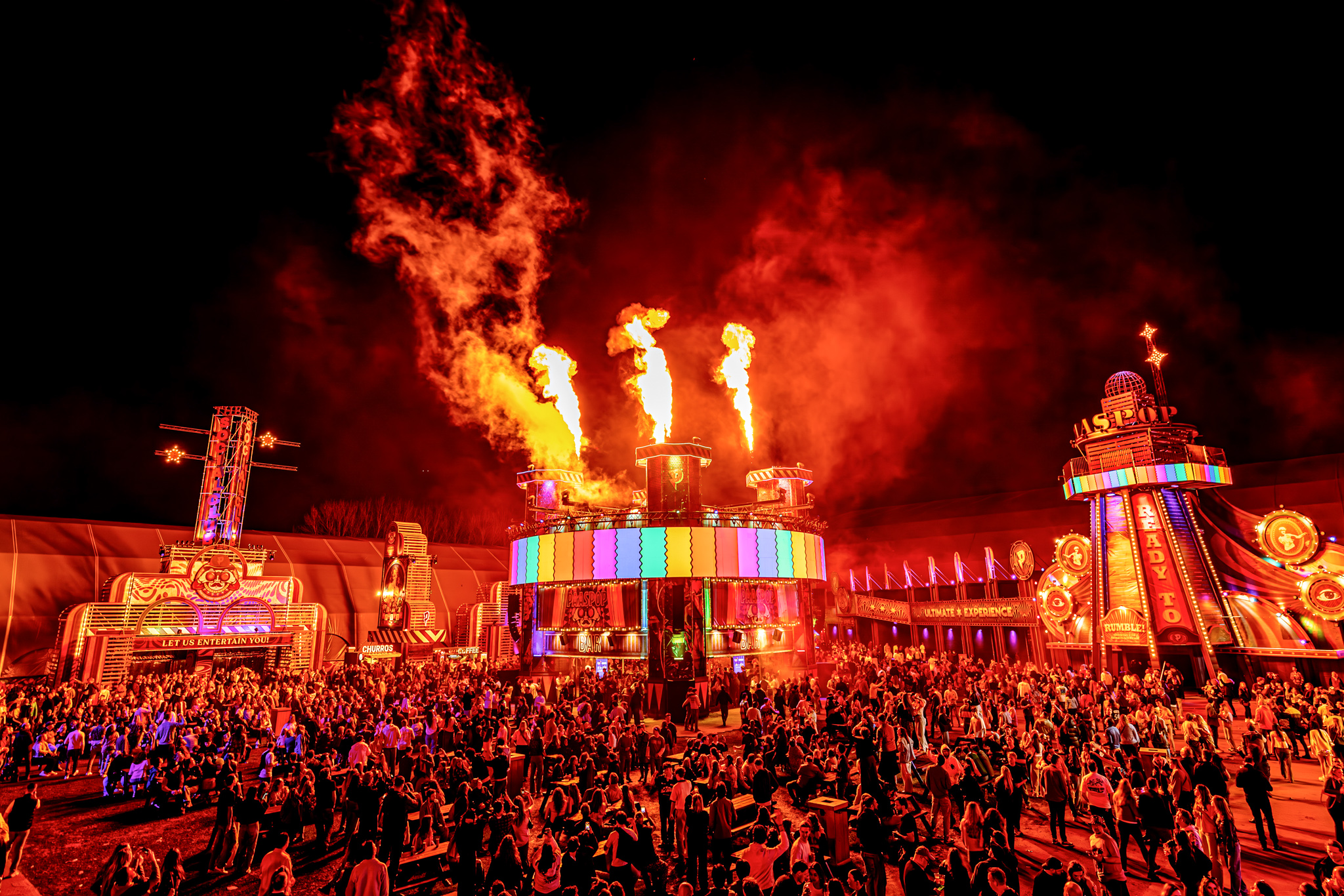 Flames shoot up from a stage at night on the Paaspop 2026 festival grounds