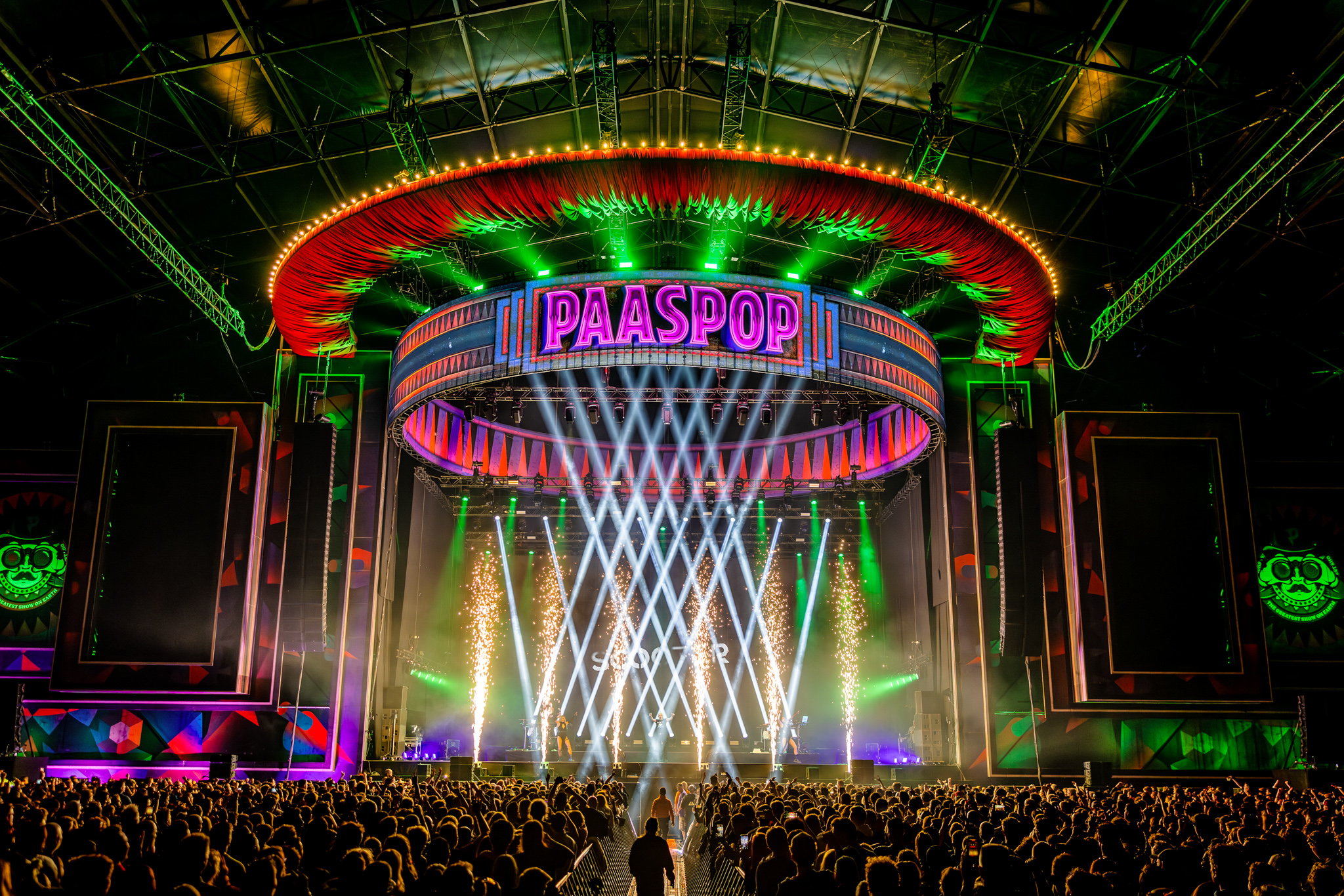 Light beams and sparklers on the main stage during the Scooter show at Paaspop 2026