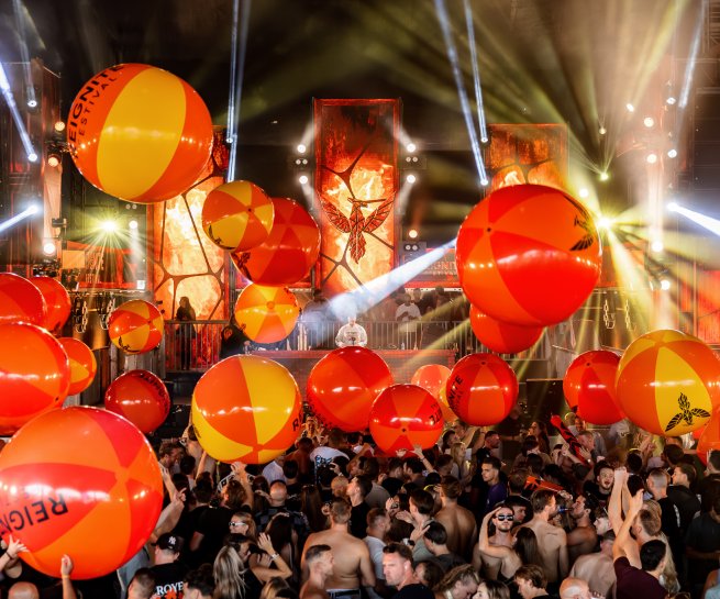 Giant inflatable balls over the crowd at Reignite Festival 2026 – Rise of the Phoenix
